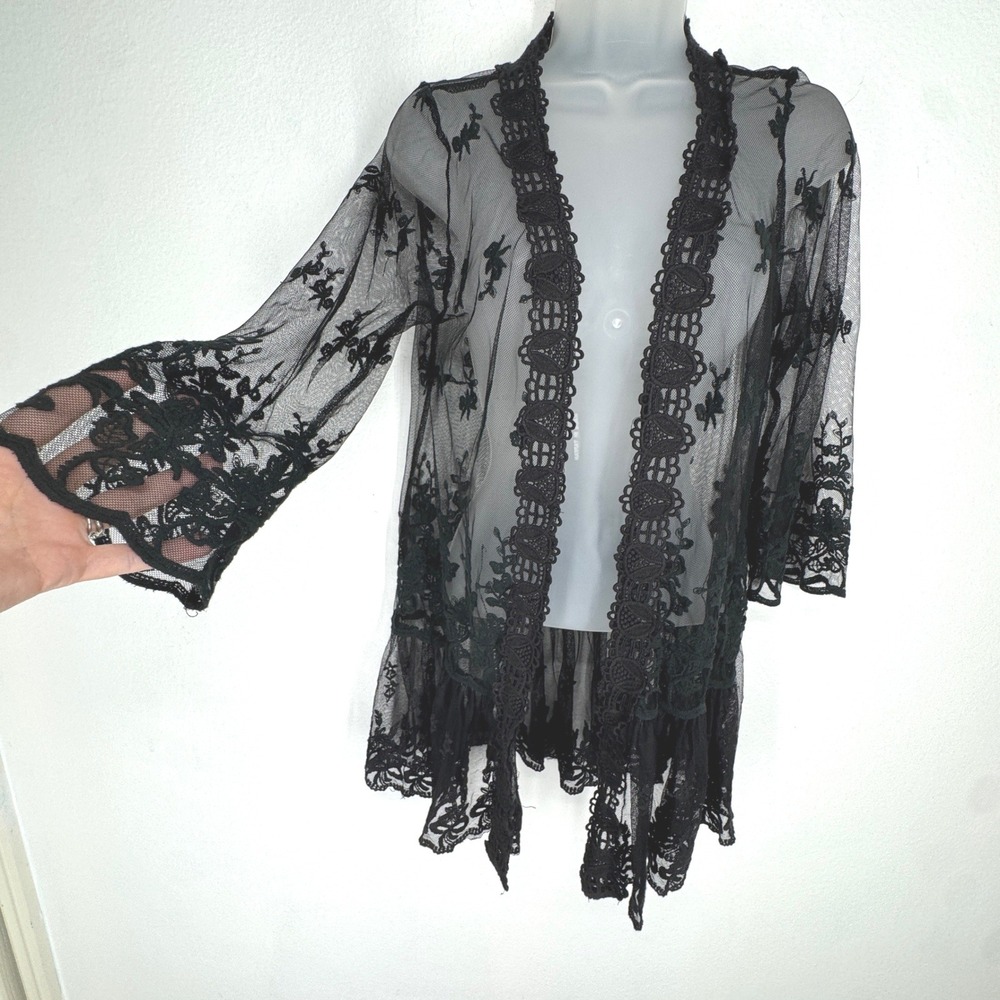 Black Sheer Floral Lace Mesh Open Front Cardigan Ruffle Hem Coquette Whimsigoth